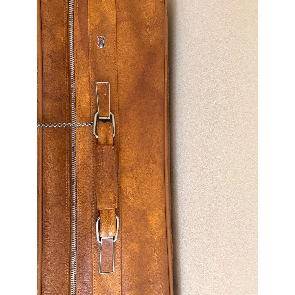 Vintage American Tourister 2 Piece Luggage Set Brown Faux Leather Woven Detail
